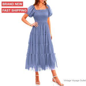 Women's Smocked Midi Tulle Dress Puffy Sleeves Square Neck Ruffle Tiered